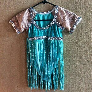Girls Teal Fringe Sequin Dance Costume Short Sleeve Made USA Size MC